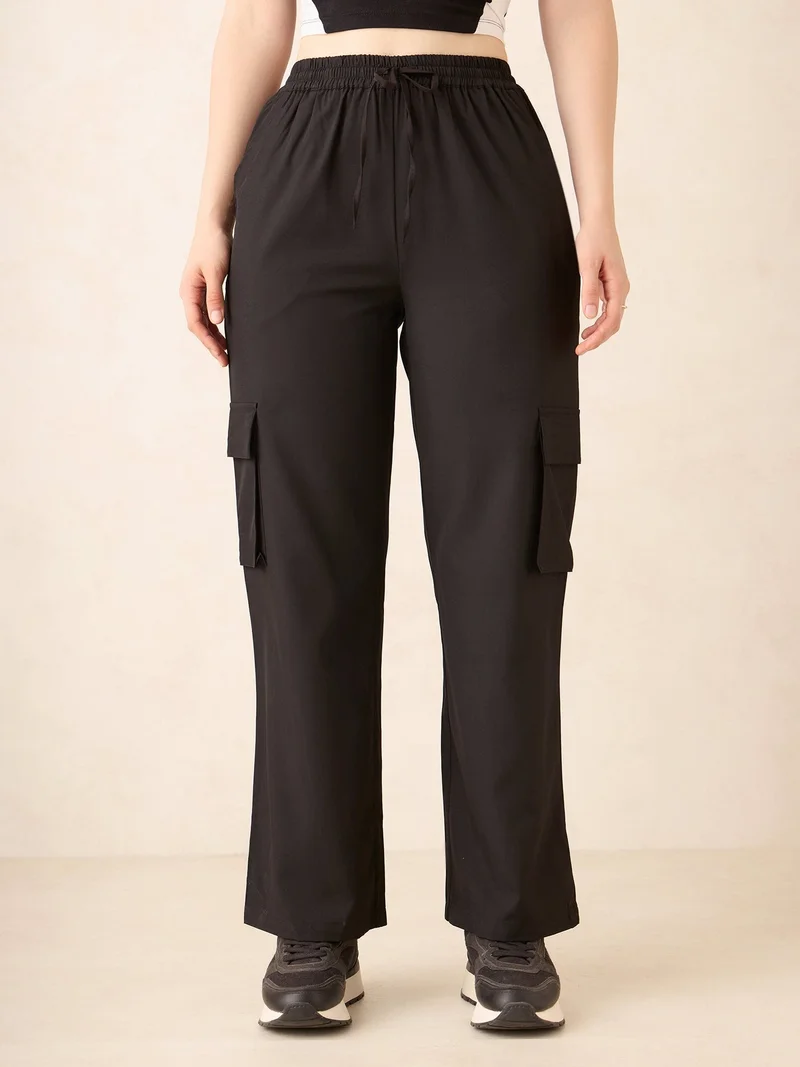 Outzidr  Black Wide Leg Parachute Pants for Women | Best Price UAE